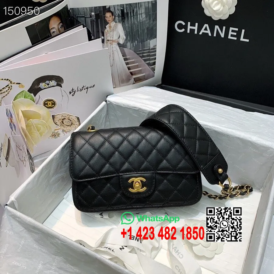 Chanel Flap Dokuma Charm Askılı çanta 20cm Altın Kuzu Donanım Deri Sonbahar/kış 2020 Koleksiyonu, Siyah