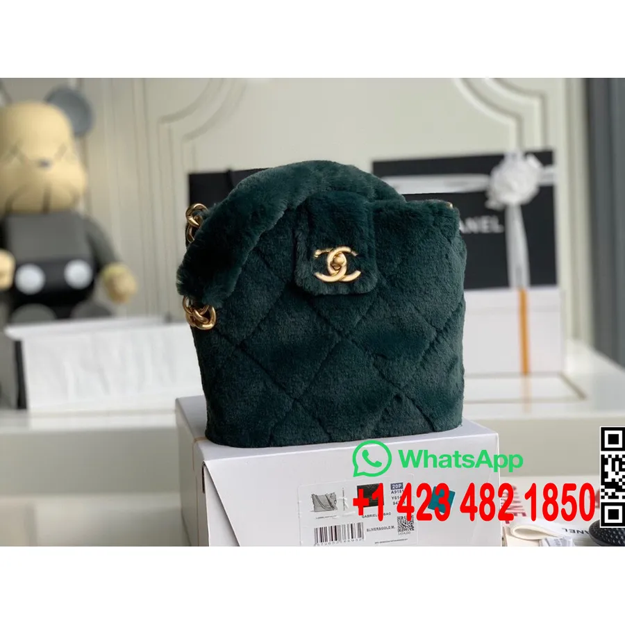 Kabelka Chanel Bucket Bag 20cm Stříhající Kožešina Starožitné Zlaté Kování Kolekce Podzim/zima 2020, Zelená