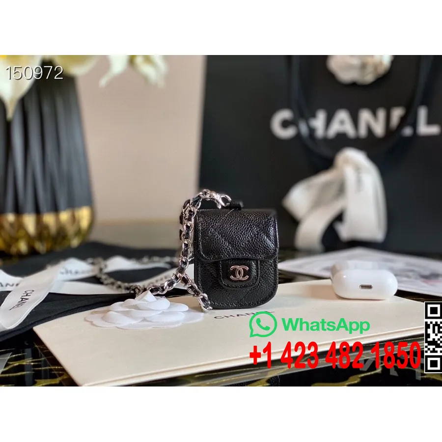 Estuche Para Airpods Chanel Con Cadena, 4 Cm, Cuero Caviar, Herrajes Plateados, Colección Otoño/invierno 2020, Negro