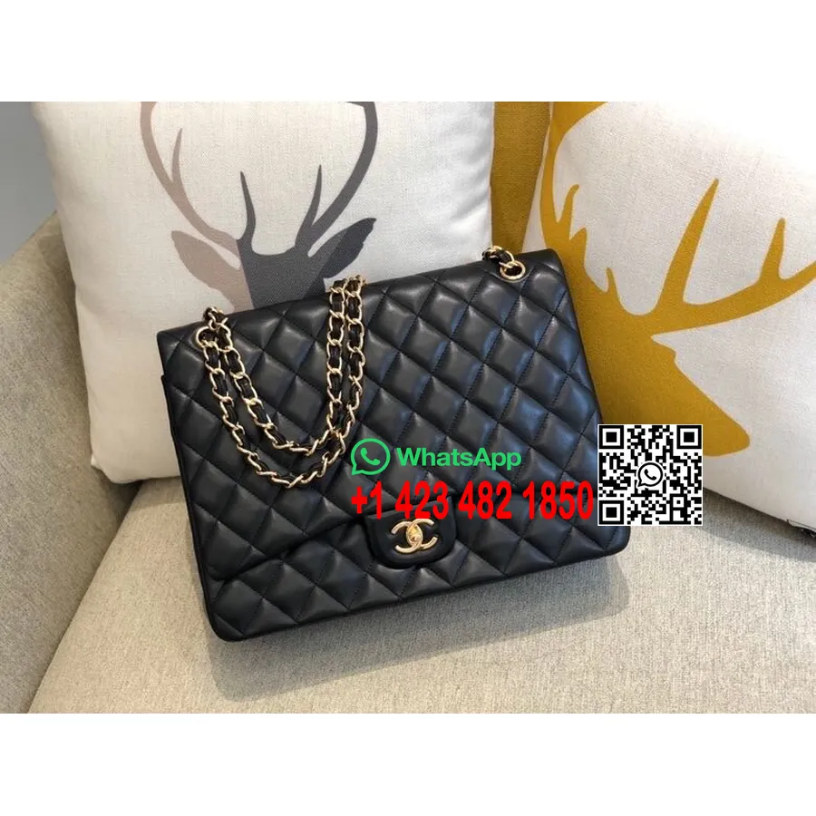 Chanel Maxi Flap Bag 33cm 58601 δέρμα αρνιού χρυσό υλικό συλλογή φθινόπωρο/χειμώνας 2020, μαύρο