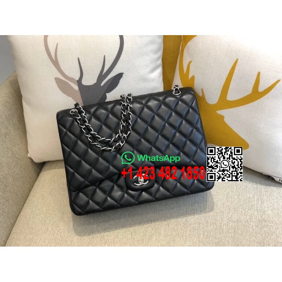 Chanel Maxi-Tasche Mit Klappe, 33 Cm, 58601, Lammleder, Silberfarbene Hardware, Herbst/Winter-Kollektion 2020, Schwarz