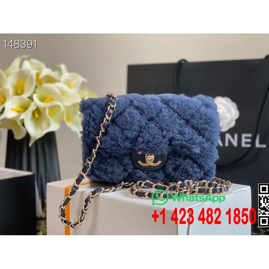 Chanel Flap Bag 20cm Shearling Fur/Sheepskin Leather Fall/Winter 2020 Collection, Navy Blue