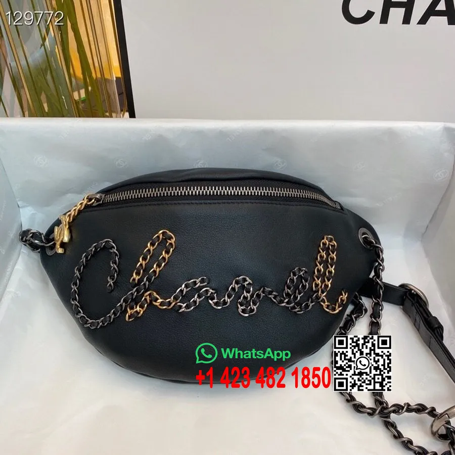 Chanel Riñonera Con Logo De Cadena Tejida 34 Cm Piel De Becerro Herrajes Dorados Colección Otoño/invierno 2020, Negro