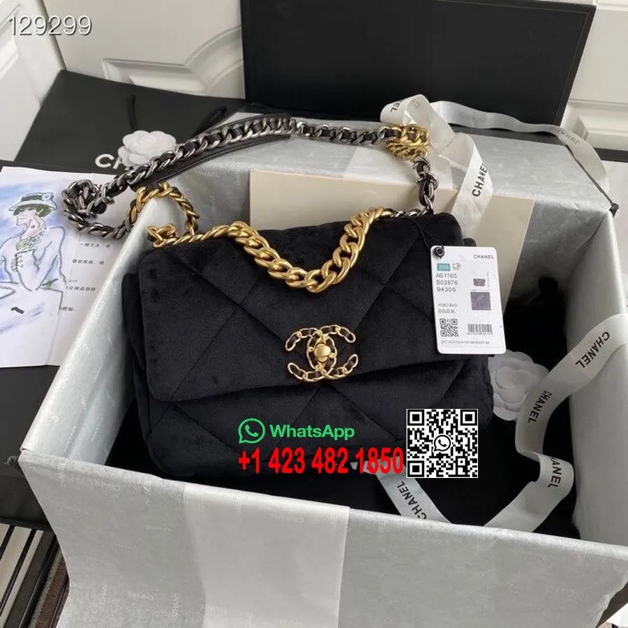 Chanel 19 Klappkott 26cm Samet/kitsenahast Sügis/talv 2020 Kollektsioon, Must