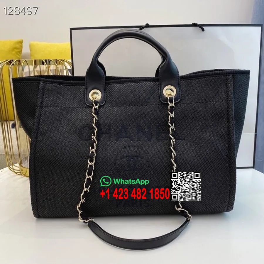 Chanel Deauville Tote 40cm Audekla Soma A066941 Rudens/ziemas 2020 Kolekcija, Melna