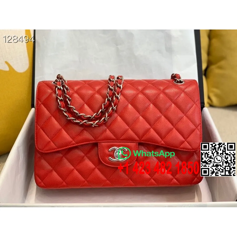 Chanel Klassische Jumbo-Tasche Mit Klappe 58600, 30 Cm, Silberne Hardware, Lammleder, Herbst-/Winterkollektion 2020, Rot