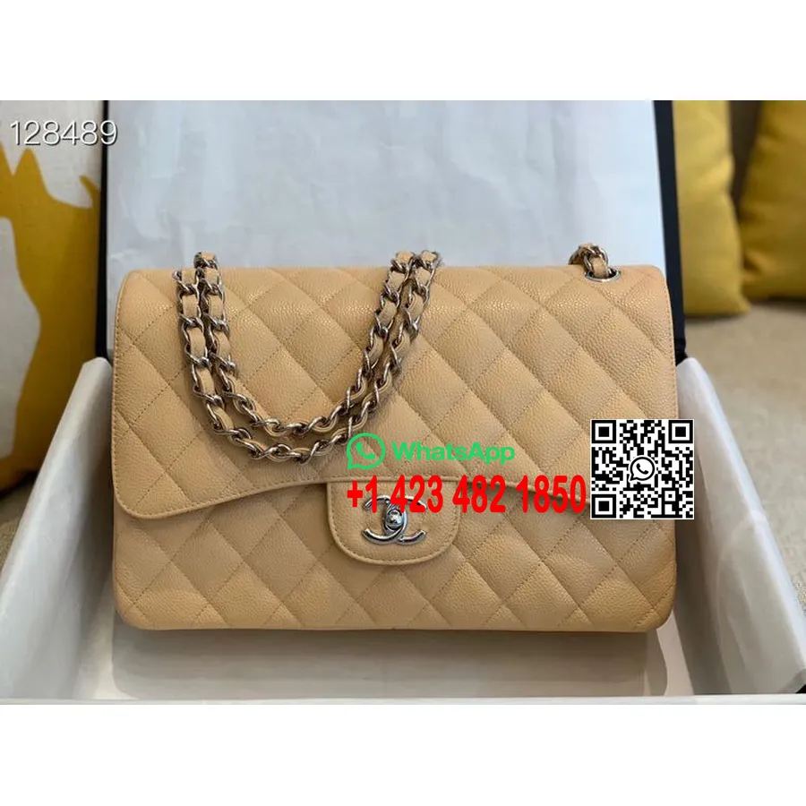 Chanel Classic Flap Jumbo Bag 58600 30cm ασημί Hardware δέρμα αρνιού συλλογή φθινόπωρο/χειμώνας 2020, βερίκοκο