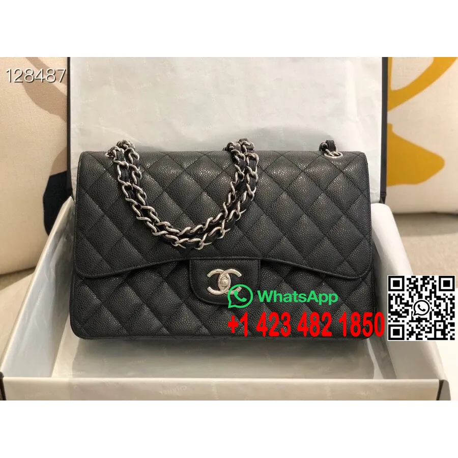 Bolsa Jumbo Com Aba Clássica Chanel 58600 30 Cm Couro De Pele De Cordeiro Prata Coleção Outono / Inverno 2020, Preto