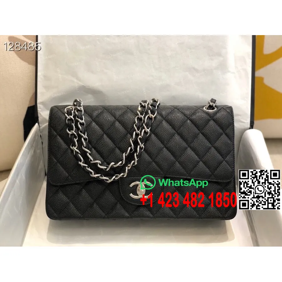 Chanel Classic Flap Bag 37587 28cm ασημί Hardware δέρμα αρνιού συλλογή φθινόπωρο/χειμώνας 2020, μαύρο