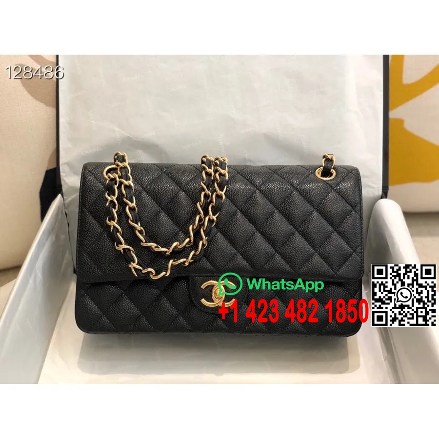 Bolsa Com Aba Clássica Chanel 37587 28 Cm Couro De Pele De Cordeiro Dourado Coleção Outono / Inverno 2020, Preto