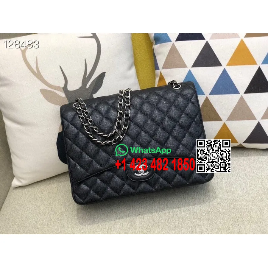 Chanel Maxi Flap Bag 33cm 58601 Caviar Couro Prata Hardware Coleção Outono / Inverno 2020, Preto