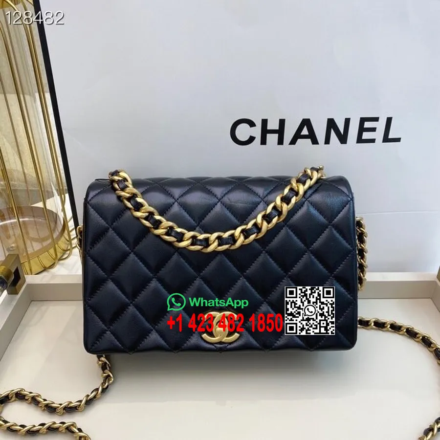 Chanel Kapaklı çanta 25cm As1977 Kuzu Deri Altın Donanım Sonbahar/kış 2020 Koleksiyonu, Siyah