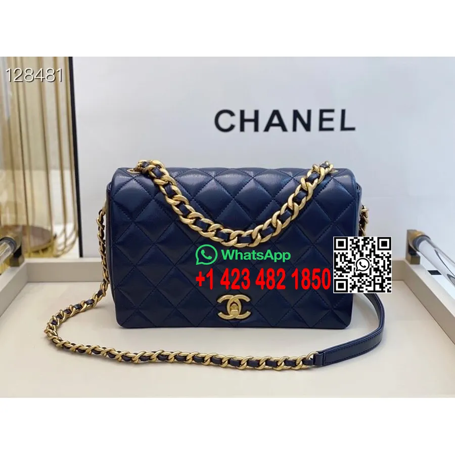 Chanel Kapaklı çanta 25cm As1977 Kuzu Deri Altın Donanım Sonbahar/kış 2020 Koleksiyonu, Lacivert