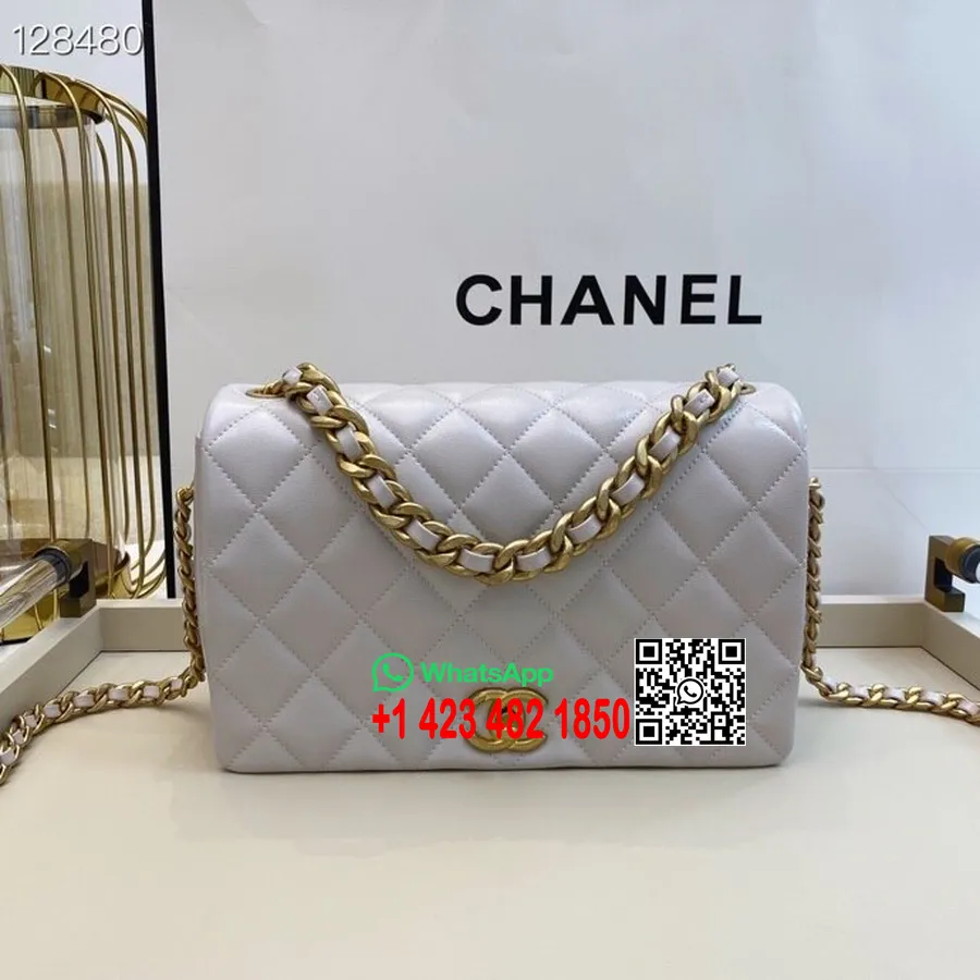 Chanel Kapaklı Çanta 25cm As1977 Kuzu Deri Deri Altın Donanım Sonbahar/kış 2020 Koleksiyonu, Beyaz