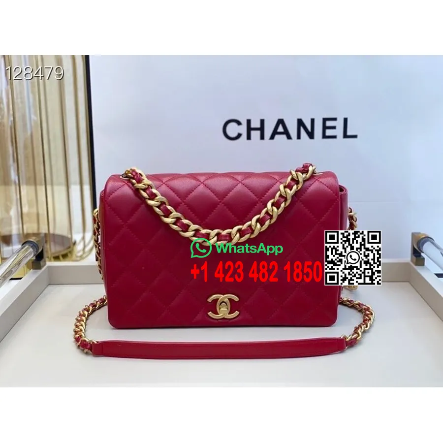 Chanel Kapaklı çanta 25cm As1977 Kuzu Deri Deri Altın Donanım Sonbahar/kış 2020 Koleksiyonu, Kırmızı