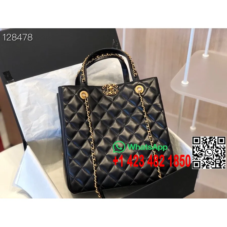 Chanel Zincir Işlemeli Alışveriş çantası 28cm As0968 Altın Donanımı çatlamış Dana Deri Sonbahar/kış 2020 Koleksiyonu, Siyah