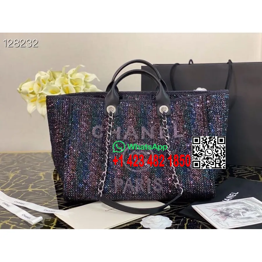 Chanel Deauville Tote Tas Tweed 40cm Dengan Bordiran Payet Koleksi Musim Gugur/dingin 2020, Hitam