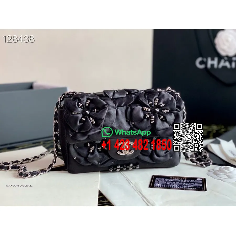 Chanel Star Camellia Klassische Mini-Klappentasche, 20 Cm, Satin/Lammleder, Pre-Fall-Kollektion 2020, Schwarz