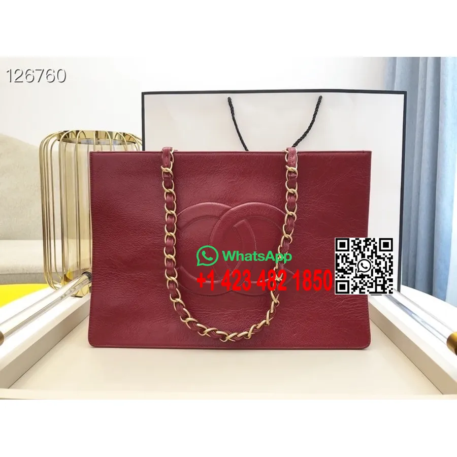 Chanel Sacola De Compras 38 Cm Couro De Bezerro Envelhecido Ouro Hardware Coleção Outono / Inverno 2020, Borgonha