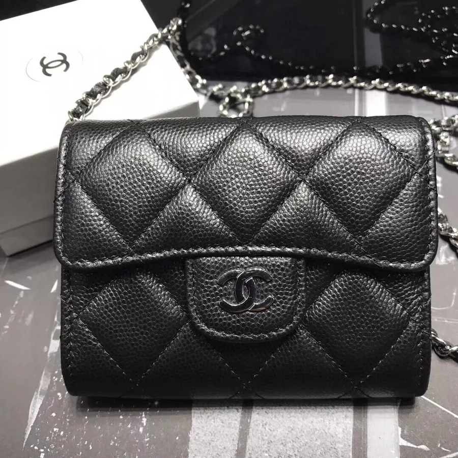 Portofel Chanel Compact Cu Mai Multe Carduri Pe Lant 12cm Piele Caviar Feronerie Argintie Colectia Toamna/iarna 2020, Negru