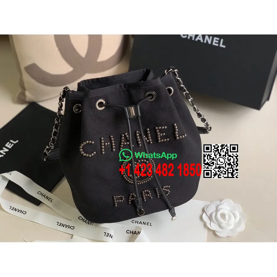 Сумка Chanel Deauville на шнурке, 35 см, холщовая сумка с жемчужной вышивкой, коллекция весна/лето 2020, черный