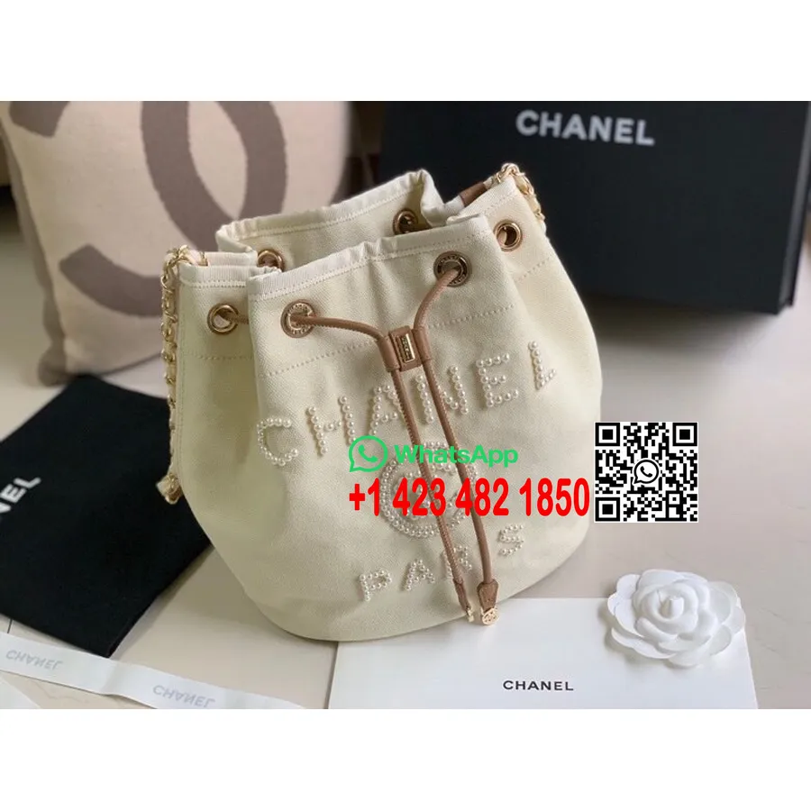 Сумка Chanel Deauville на шнурке, 35 см, холщовая сумка с жемчужной вышивкой, коллекция весна/лето 2020, кремовый/бежевый