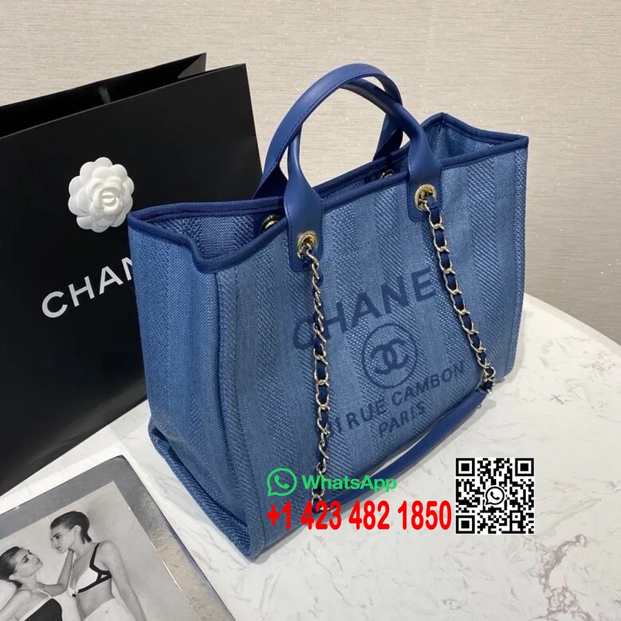 Сумка-тоут Chanel Deauville 40 см, соломенная холщовая сумка из рафии, коллекция весна/лето 2020, синий