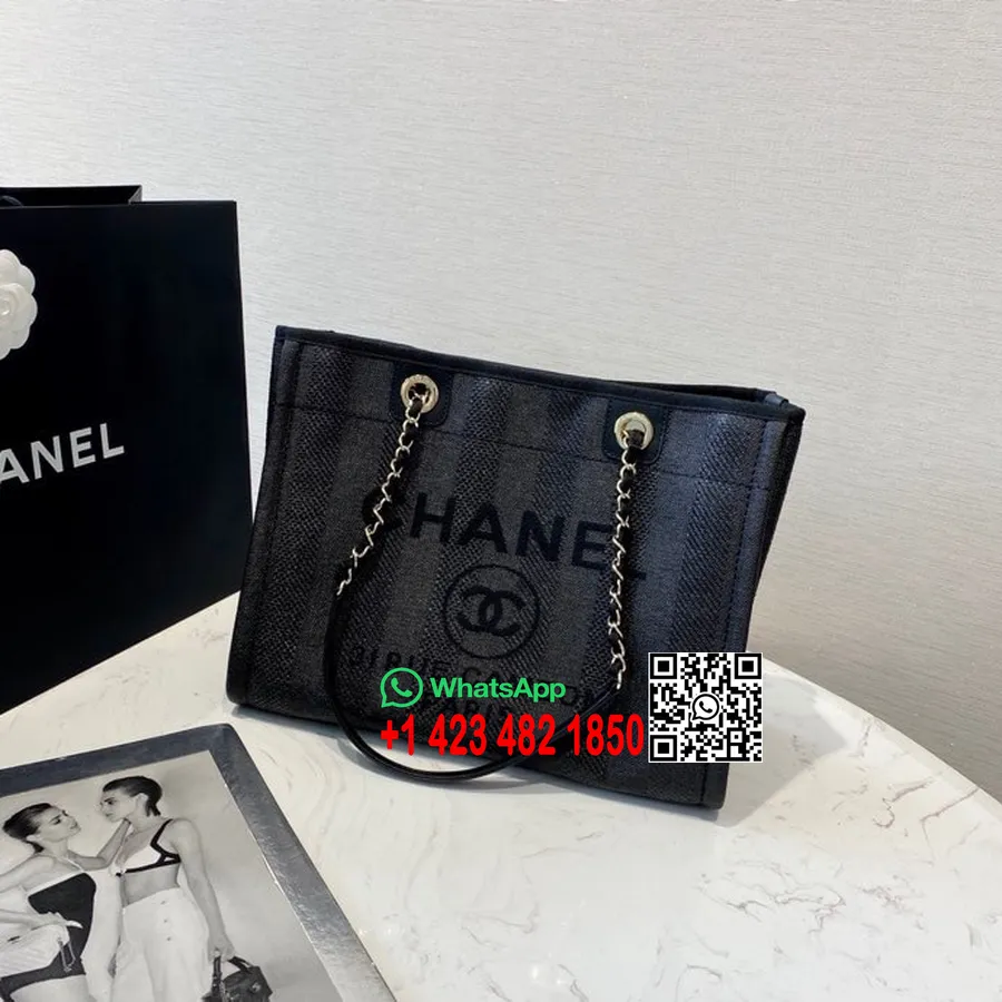 Chanel Deauville Bolsa De Lona De Palha De Ráfia De 35 Cm Coleção Primavera / Verão 2020, Preta