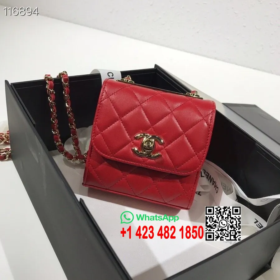 Chanel Mini Woc чанта през рамо 12 см златен хардуер от агнешка кожа колекция пролет/лято 2020, червено