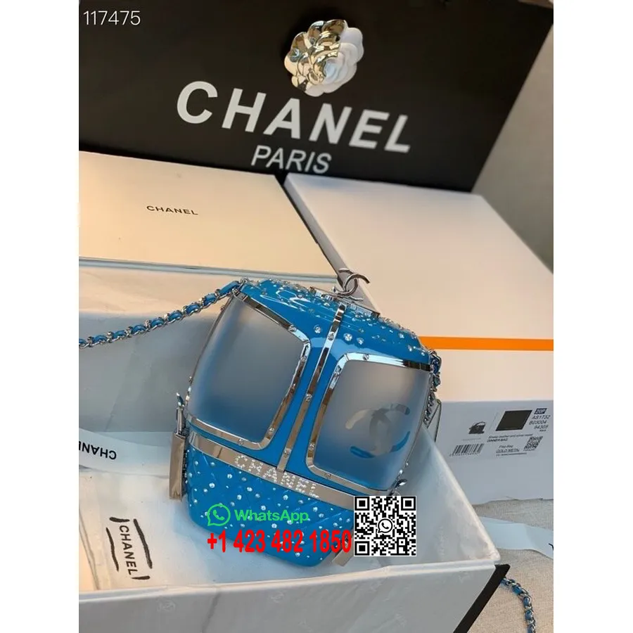 Chanel Gondol Lift Minaudiere çanta Pleksiglas Gece çantası Gümüş Donanım Sonbahar/kış 2019 Koleksiyonu, Mavi