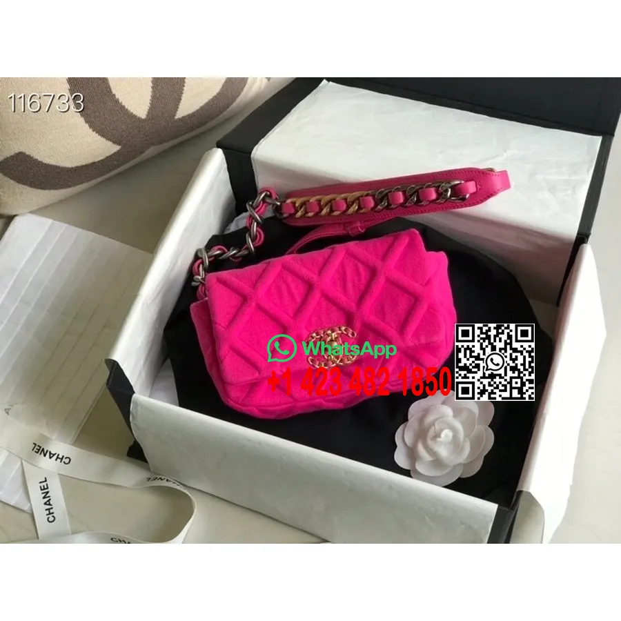 Chanel 19 Bolsa Com Cinto 20cm Jersey/couro De Pele De Cordeiro Ouro Hardware Cruise 2019 Coleção Clássica, Rosa Choque