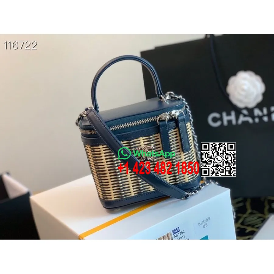 Chanel Rattan Táska 15 Cm-es As0865 Borjúbőr őszi/téli 2020 Kollekció, Sötétkék