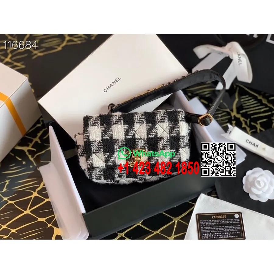 Chanel 19 Taillengürteltasche 20 Cm, Tweed/Lammleder, Goldene Hardware, Cruise 2019 Classic Collection, Weiß/schwarz