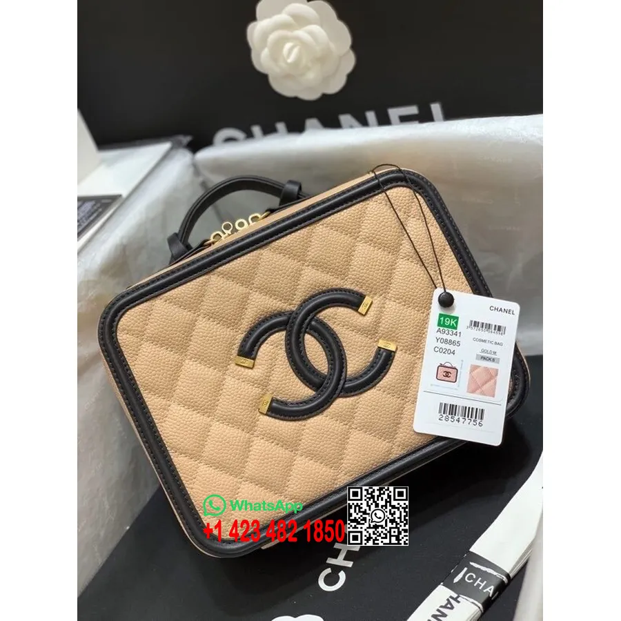 Τσάντα νεσεσέρ Chanel 21cm δέρμα χαβιάρι χρυσό υλικό συλλογή άνοιξη/καλοκαίρι 2020, μπεζ/μαύρο