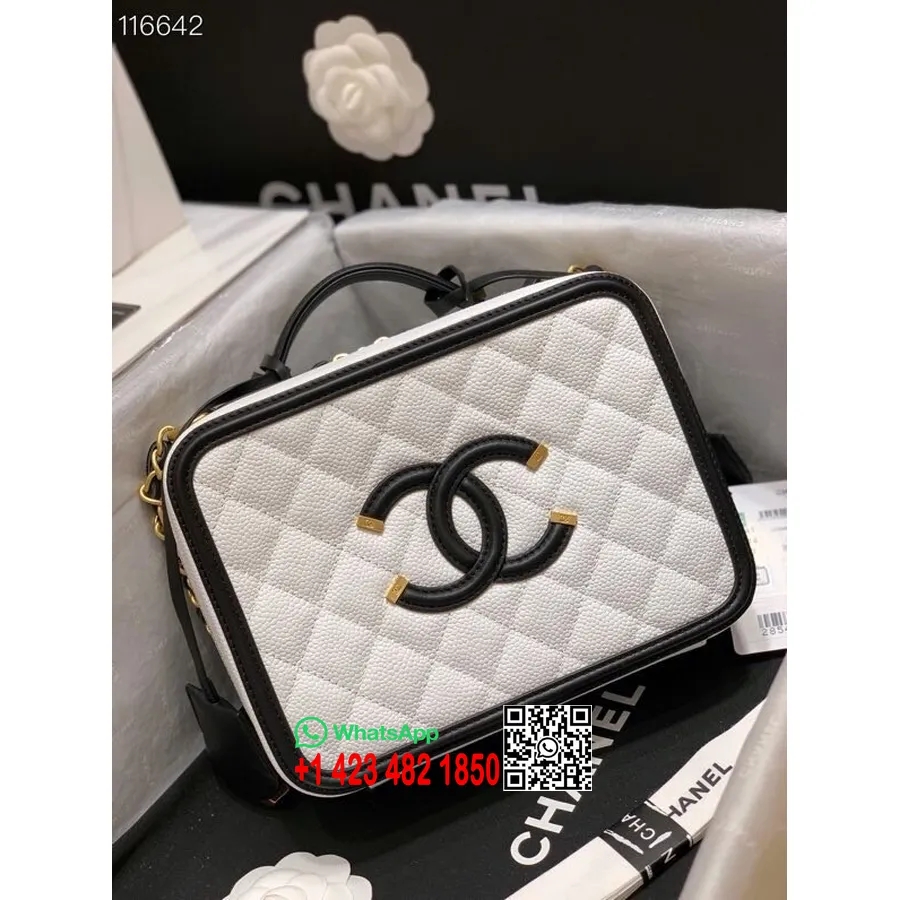 Косметичка Chanel 21см из черной кожи с золотой фурнитурой, коллекция весна/лето 2020, белый/черный