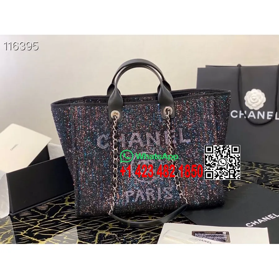 Torba Od Tvida Chanel Deauville 40cm Sa šljokicama Izvezenom Kolekcija Proljeće/ljeto 2020., Crna