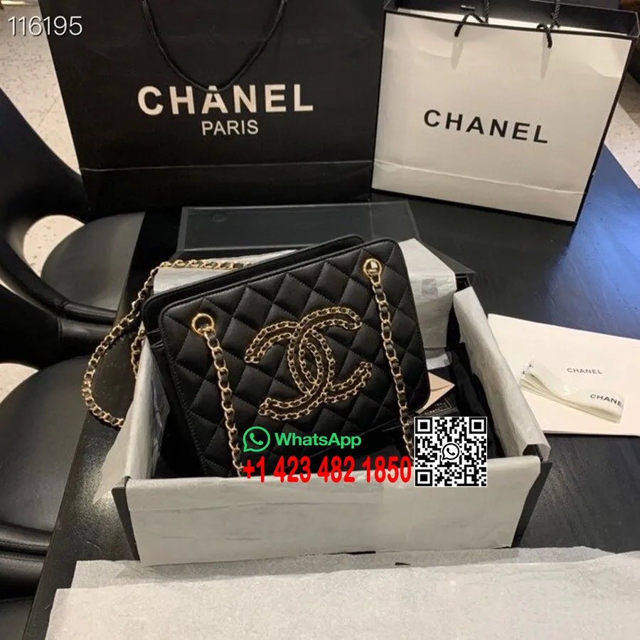 Chanel тъкана чанта за рамо Cc 25 см As1516 златен хардуер от агнешка кожа колекция пролет/лято 2020, черна