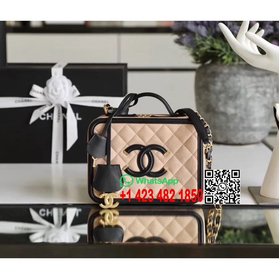 Τσάντα νεσεσέρ Chanel 21cm δέρμα χαβιάρι χρυσό υλικό συλλογή άνοιξη/καλοκαίρι 2020, μπεζ/μαύρο