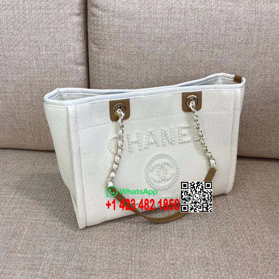 Bolsa Chanel Deauville Bolsa De Tweed 35cm Com Bordado De Pérolas Coleção Primavera/verão 2020, Creme/bege