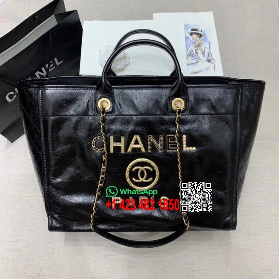 Sac Cabas Chanel Deauville 40cm Matériel Doré Cuir D'agneau Vieilli Collection Printemps/été 2020, Noir