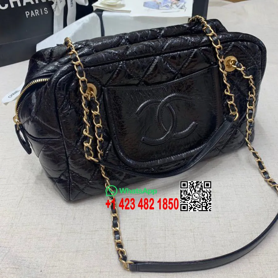 Sac Bowling Matelassé Chanel 32cm Matériel Doré Cuir D'agneau Vieilli Collection Printemps/été 2020, Noir