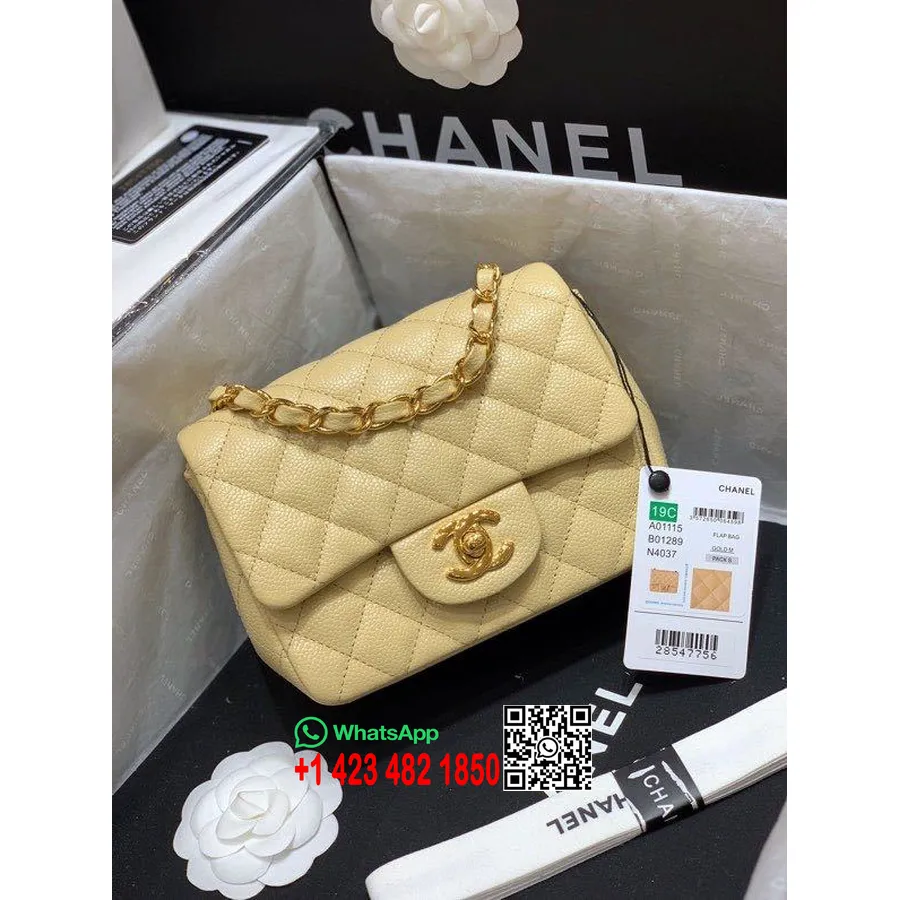 Chanel Bolso Clásico Mini Con Solapa 18 Cm Herrajes Dorados Piel Caviar Colección Primavera/verano 2020, Amarillo Claro