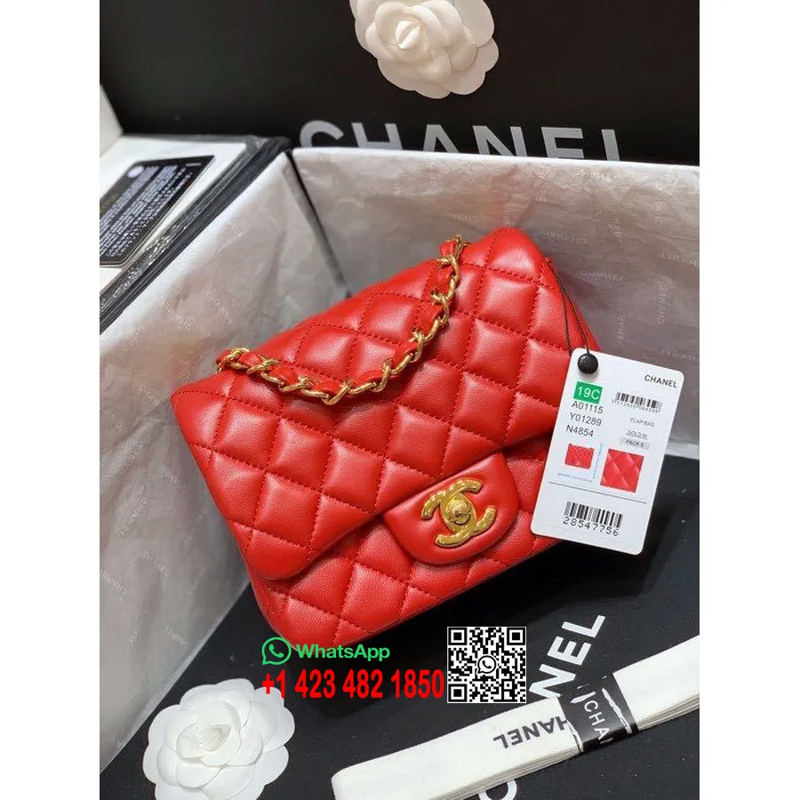 Chanel Bolso Clásico Mini Con Solapa 18 Cm Herrajes Dorados Piel De Cordero Colección Primavera/verano 2020, Rojo