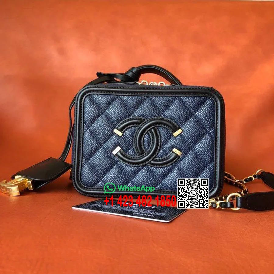 Geantă De Toaletă Chanel Cc Filigran 18 Cm Feronerie Aurie Piele Caviar Colecția Primăvară/vară 2020, Bleumarin/negru