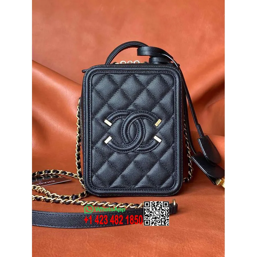 Geantă De Toaletă Verticală Chanel Cc Filigran 18 Cm Feronerie Aurie Piele Caviar Colecția Primăvară/vară 2020, Negru