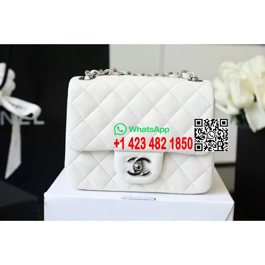 Chanel Bolso Clásico Mini Con Solapa 18 Cm Herrajes Plateados Piel Caviar Colección Primavera/verano 2020, Blanco