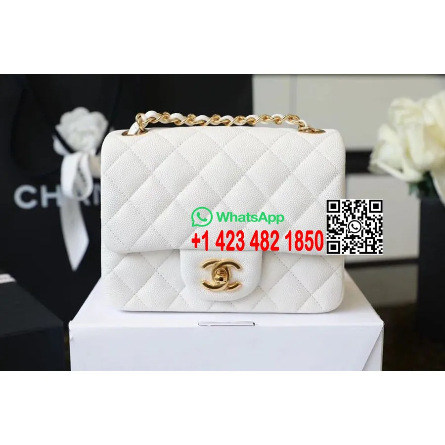 Chanel Classic Mini Flap Taske 18 Cm Guld Hardware Kaviar Læder Forår/sommer 2020 Kollektion, Hvid