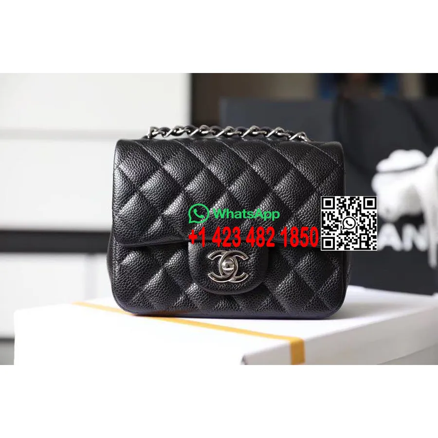 Chanel Bolso Clásico Mini Con Solapa 18 Cm Herrajes Plateados Piel Caviar Colección Primavera/verano 2020, Negro