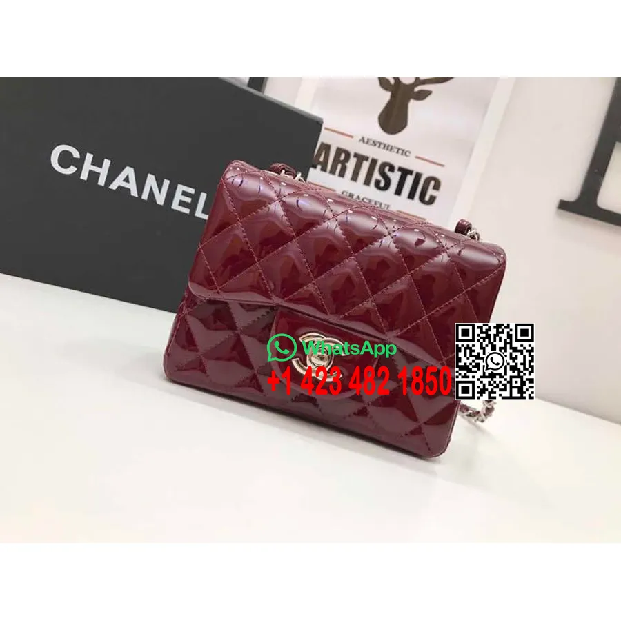 Chanel Classic Mini Flap Taske 18 Cm Sølv Hardware Patent Læder Forår/sommer 2020 Kollektion, Bordeaux