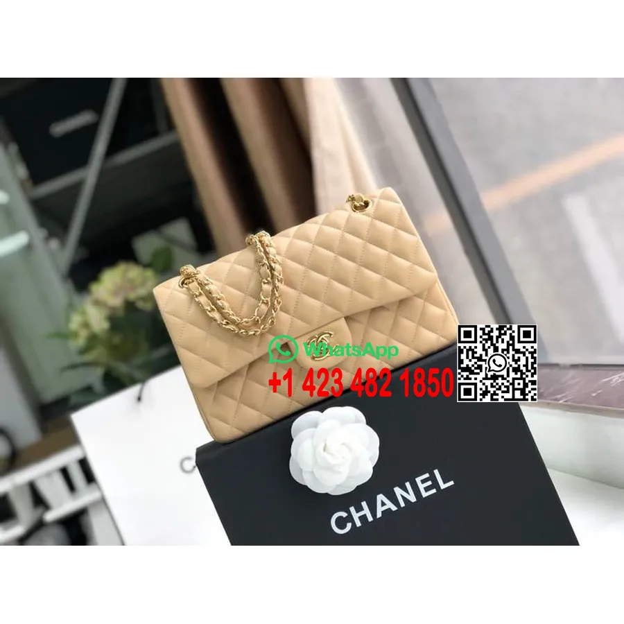 Chanel Klasszikus Füles Táska 25 Cm Arany Hardver Báránybőr 2020 Tavaszi/nyári Kollekció, Bézs